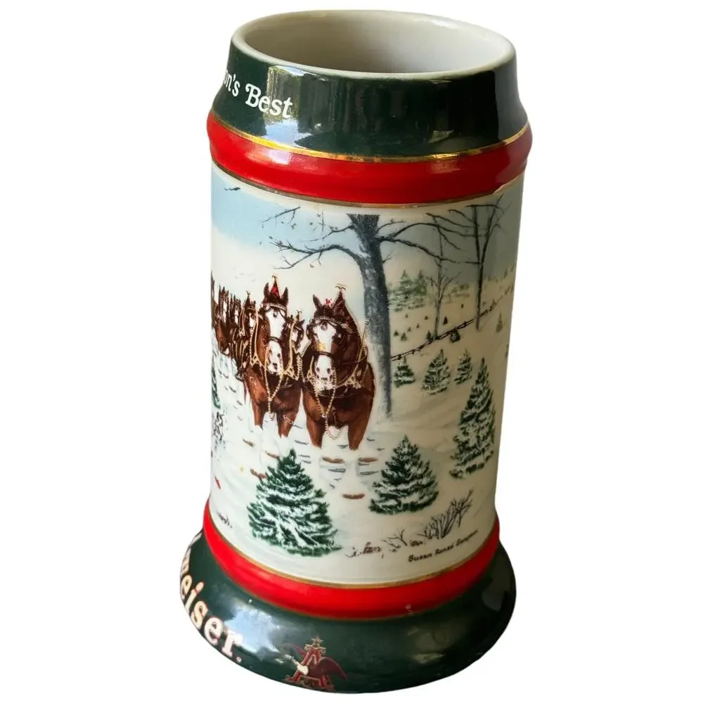 Budweiser 1991 Beer Holiday Stein No Handle Clydesdales Christmas Collectible